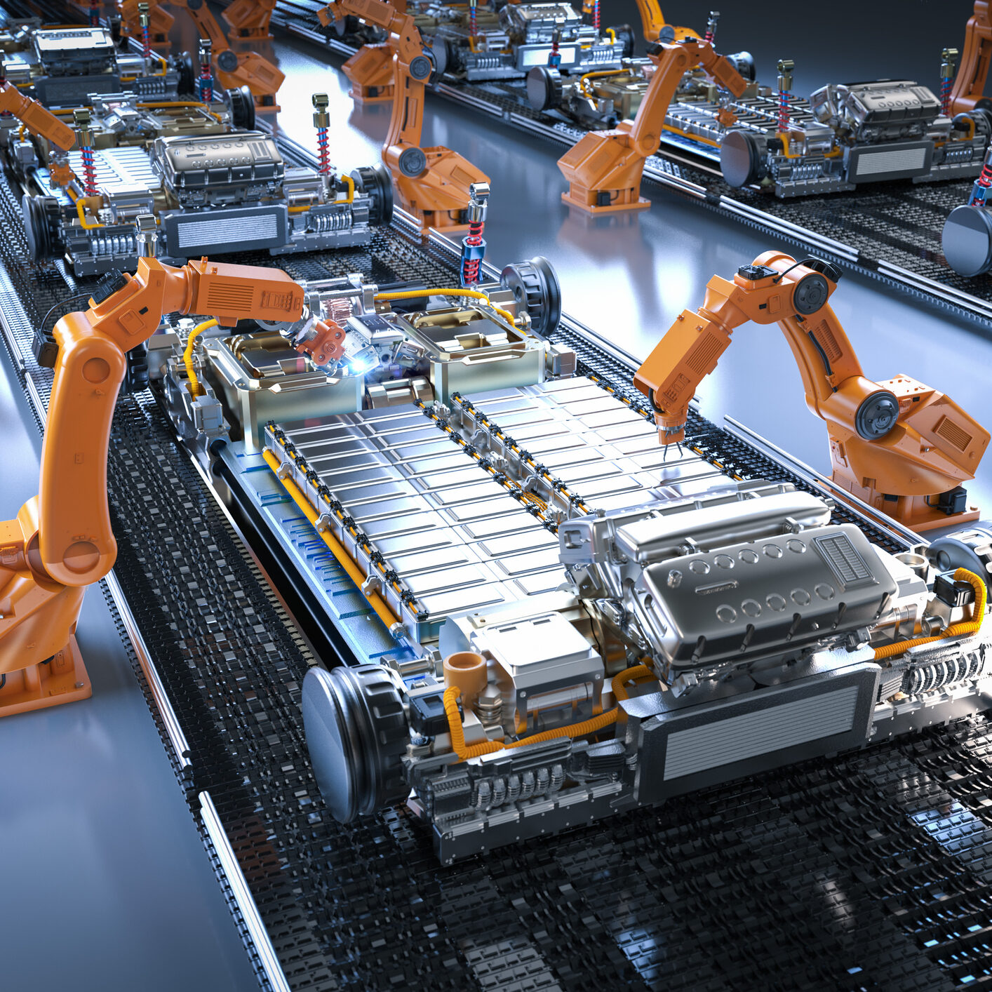 Automation automobile factory concept with 3d rendering robot assembly line with electric car battery cells module on platform