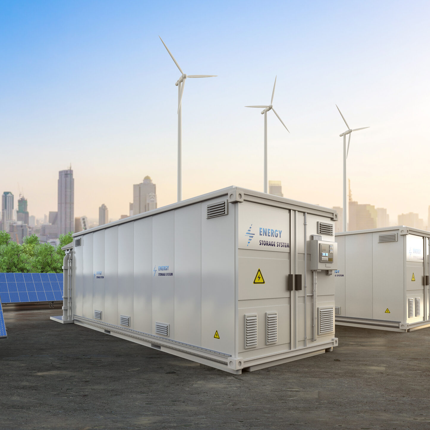 3d rendering amount of energy storage systems or battery container units with solar and turbine farm