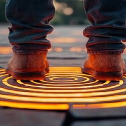 feet standing on top of a glowing coil